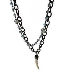 Vintage Faux Tooth Pendant Multi Strand Necklace Blue Crystal Beads Jewelry